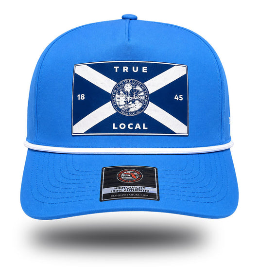 Navy Florida flag patch with white saltire and state seal on sky blue performance rope hat, front view