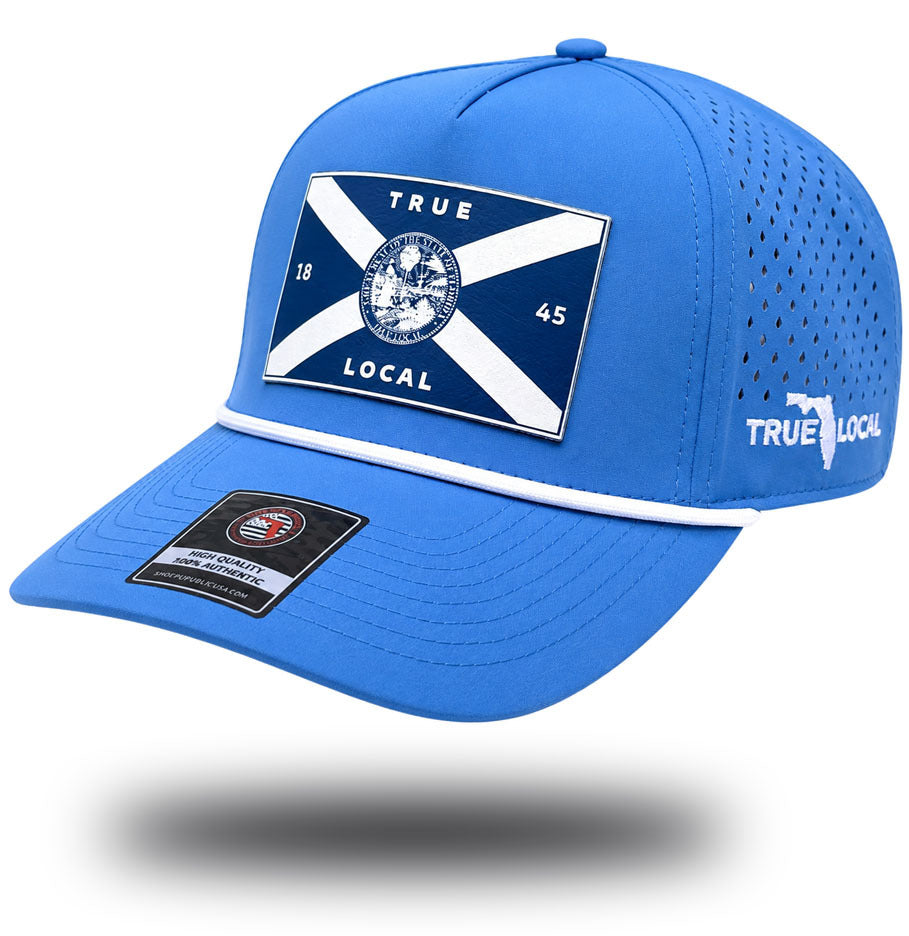 Sky blue Florida flag performance rope hat with navy flag patch, side view