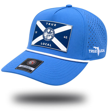 Sky blue Florida flag performance rope hat with navy flag patch, side view