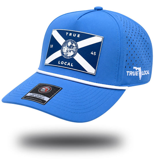 Sky blue Florida flag performance rope hat with navy flag patch, side view
