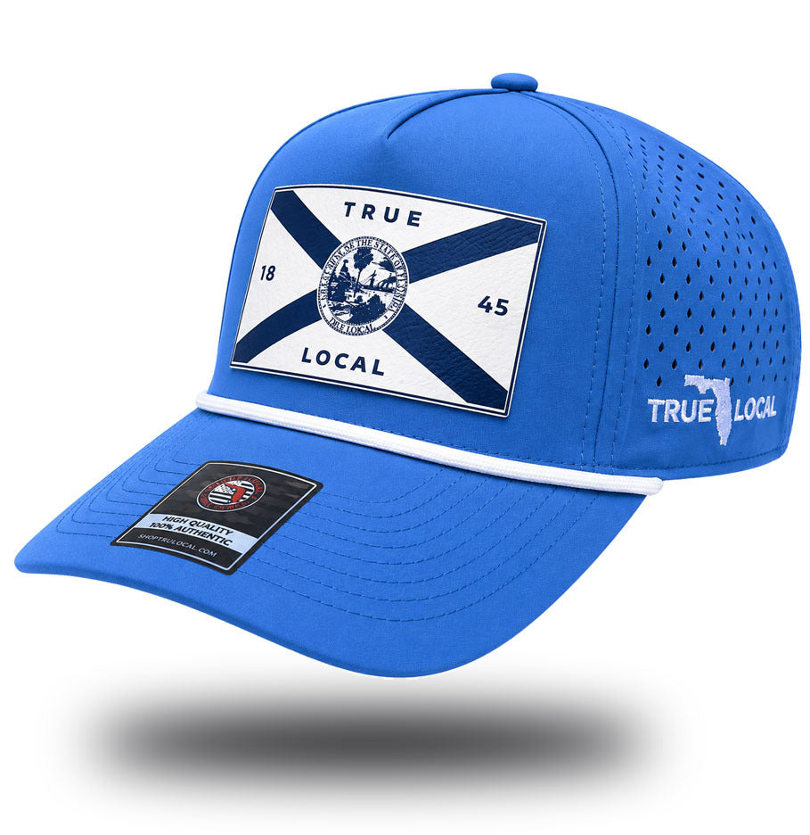 Sky blue Florida flag performance rope hat with white flag patch, side view
