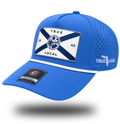 Sky blue Florida flag performance rope hat with white flag patch, side view