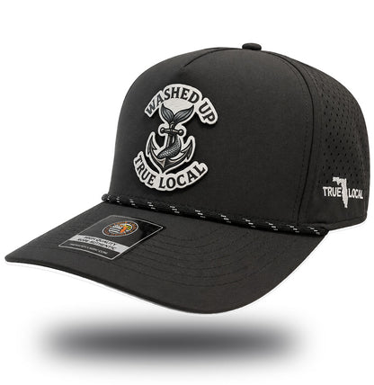True Washed Up Local black performance rope hat front view with nautical anchor patch