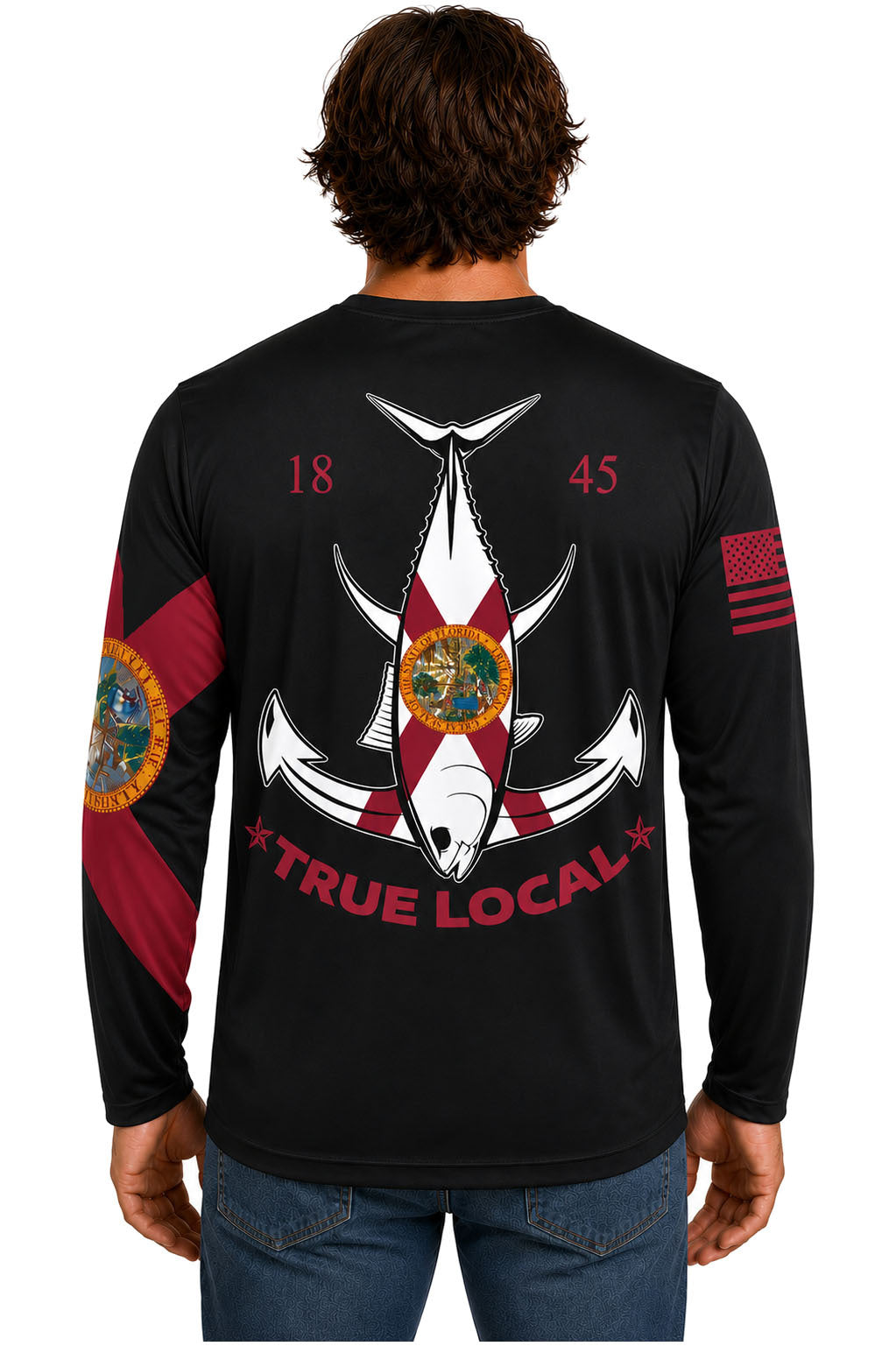 True Local Tuna Anchor long sleeve black back view with tuna fish and anchor Florida flag design