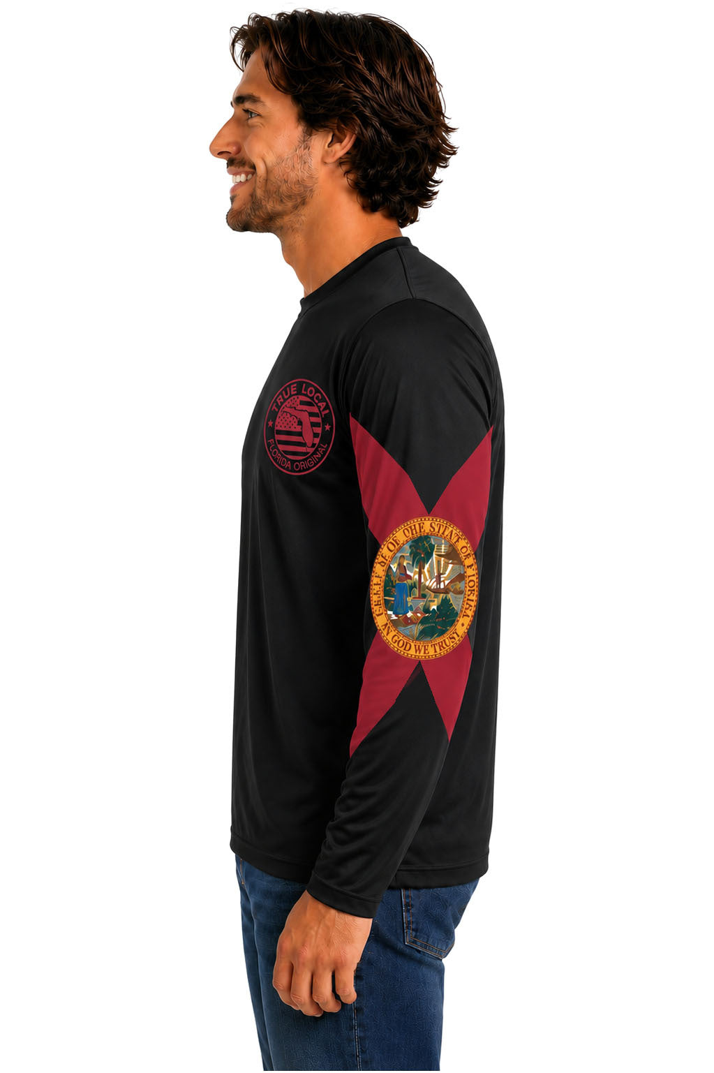 True Local Tuna Anchor long sleeve black left side with Florida state seal sleeve
