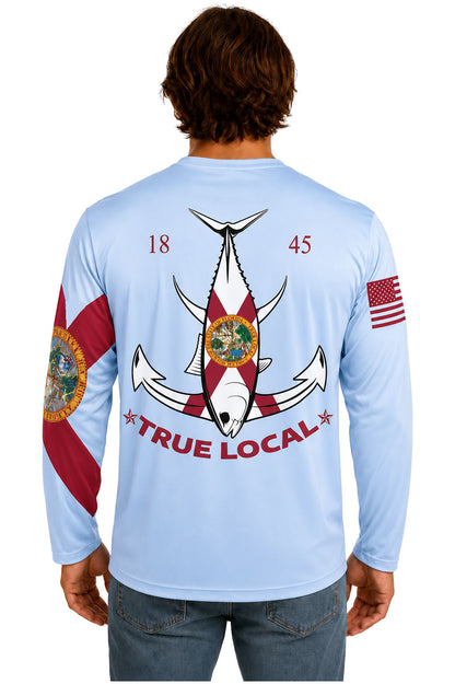 True Local Tuna Anchor long sleeve ski blue back view with tuna fish and anchor Florida flag design