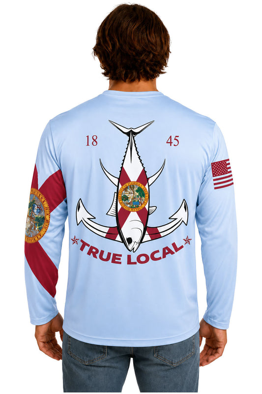 True Local Tuna Anchor long sleeve ski blue back view with tuna fish and anchor Florida flag design
