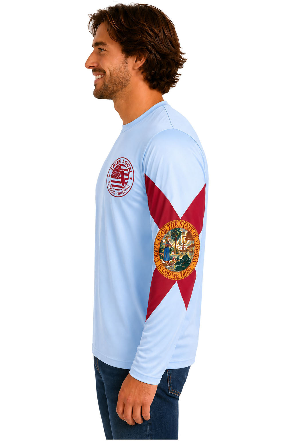 True Local Tuna Anchor long sleeve ski blue left side with Florida state seal sleeve