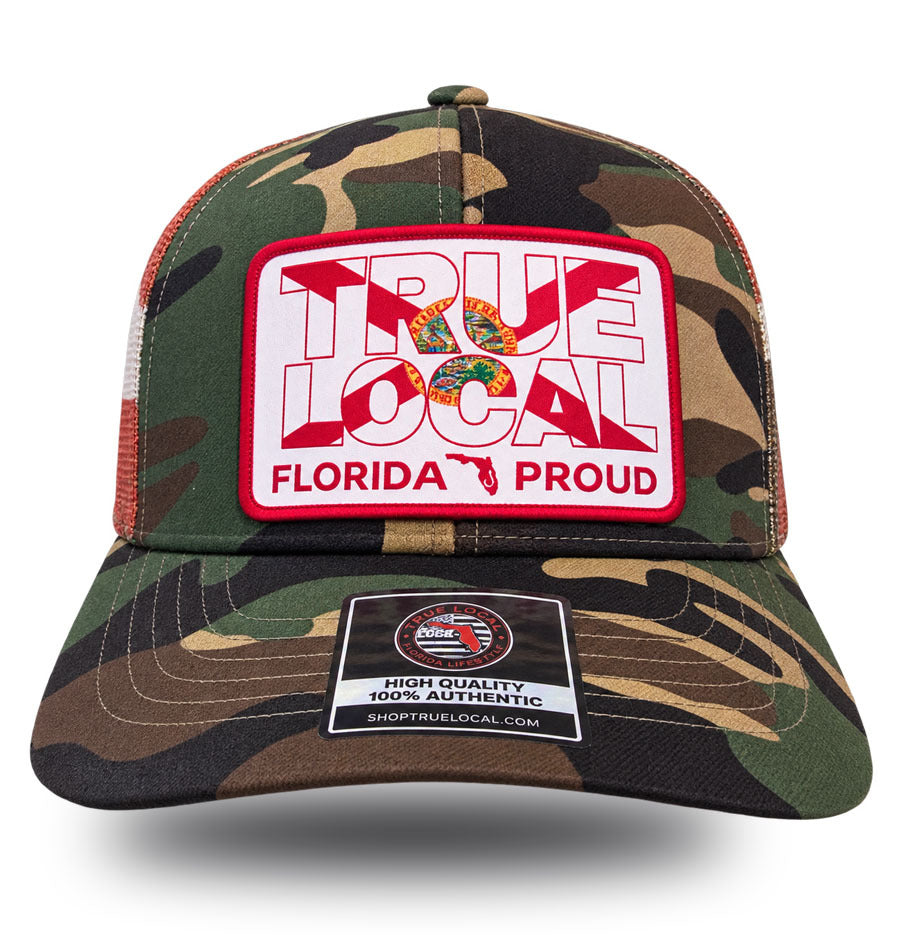 Florida Proud camo stars and stripes trucker hat front with True Local Florida flag patch
