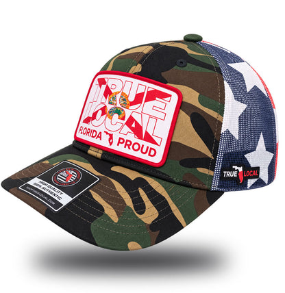 Florida Proud camo trucker hat side view with white stars on navy mesh back and True Local side tag
