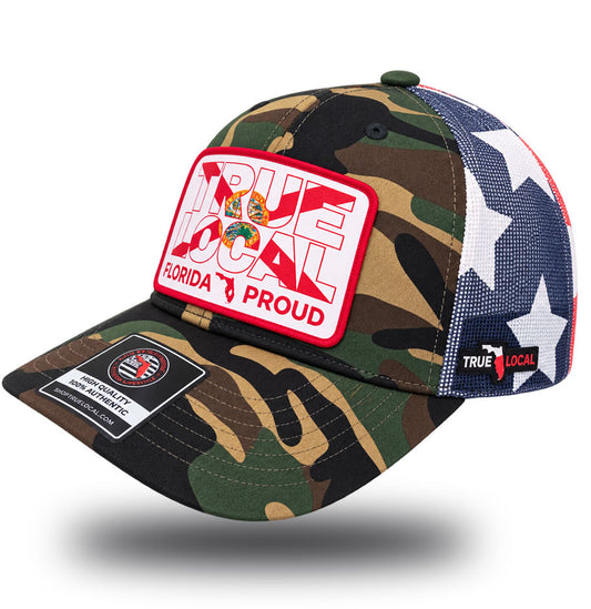 Florida Proud camo trucker hat side view with white stars on navy mesh back and True Local side tag
