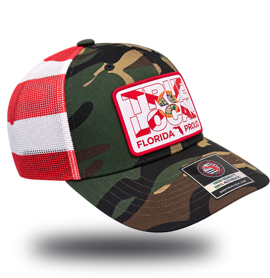 Florida Proud camo trucker hat other side with red and white stripes mesh back