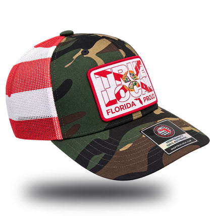 Florida Proud camo trucker hat other side with red and white stripes mesh back