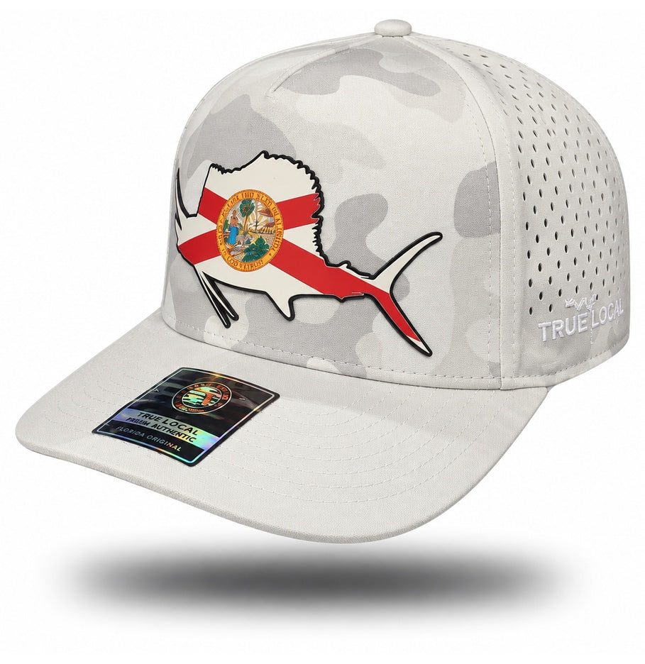 White Camo Florida Flag Sailfish Performance Hat, bill pointing left showing perforated side panel and True Local embroidery