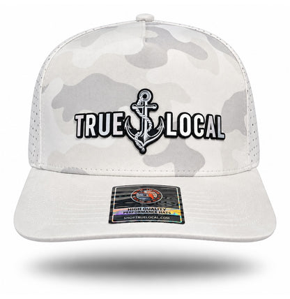 White Camo True Local Anchor Performance Hat, front view showing original patch artwork