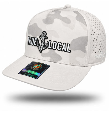 White Camo True Local Anchor Performance Hat, bill pointing left with side panel and True Local embroidery