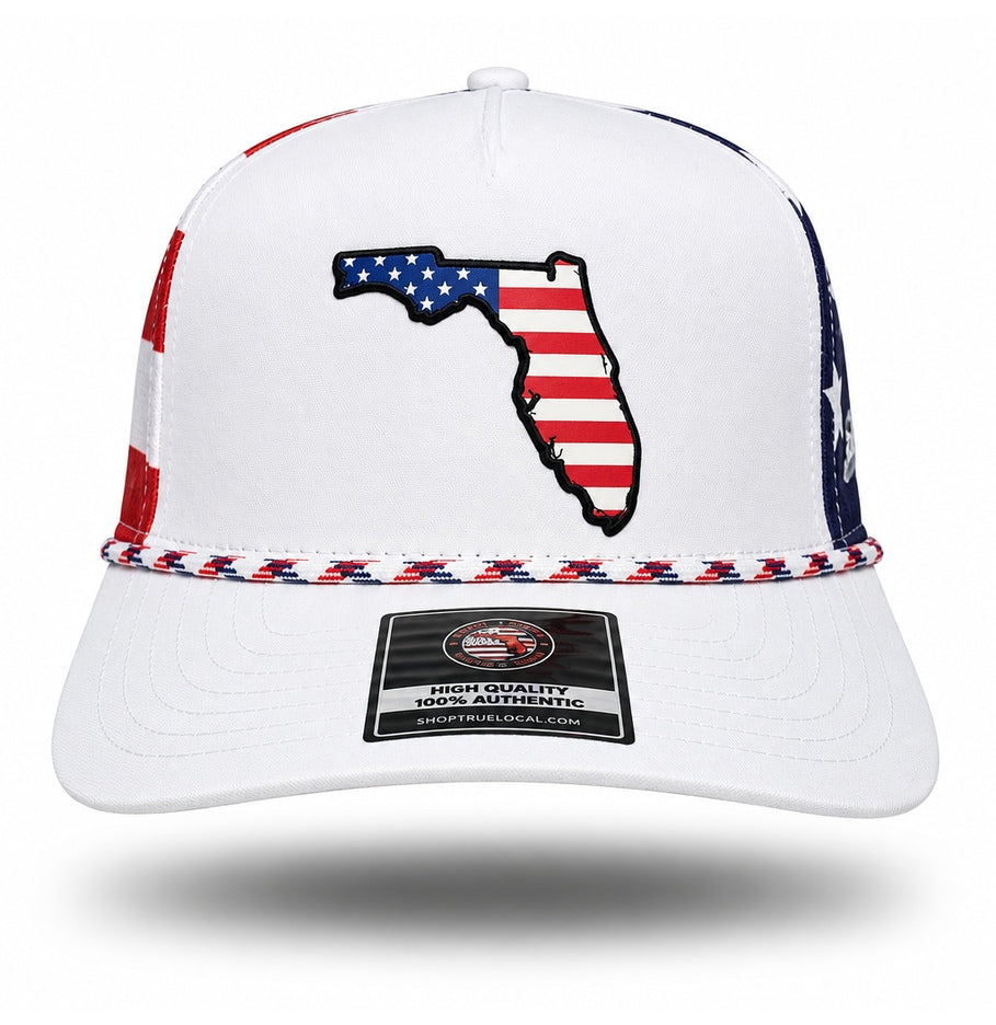 White Florida American Flag Performance Rope Hat, front showing the Florida-shaped stars and stripes patch and red white and blue rope