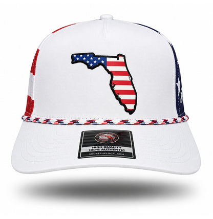 White Florida American Flag Performance Rope Hat, front showing the Florida-shaped stars and stripes patch and red white and blue rope