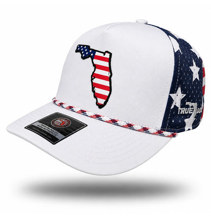 White Florida American Flag Performance Rope Hat, bill pointing left with navy star-patterned perforated panels and True Local embroidery