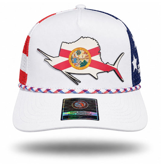 White Florida flag sailfish performance rope hat, front view with full-color Florida flag sailfish patch and red white blue rope