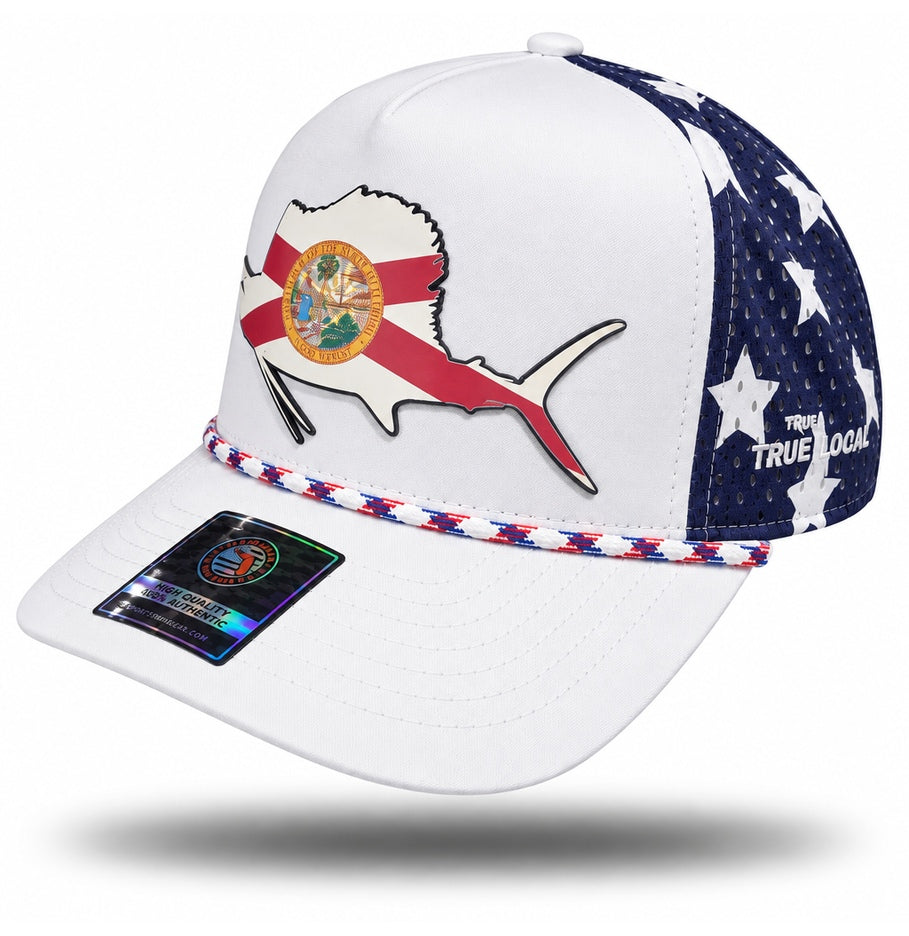 White Florida flag sailfish performance rope hat, bill pointing left with navy star perforated panel and True Local embroidery