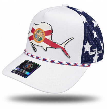White Florida flag sailfish performance rope hat, bill pointing left with navy star perforated panel and True Local embroidery
