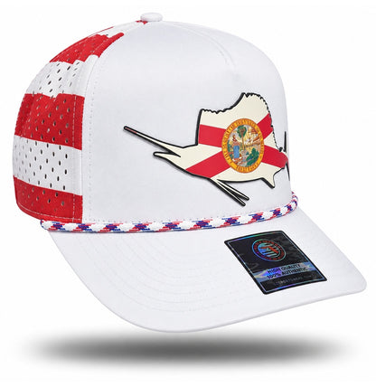 White Florida flag sailfish performance rope hat, bill pointing right with red and white striped perforated panel