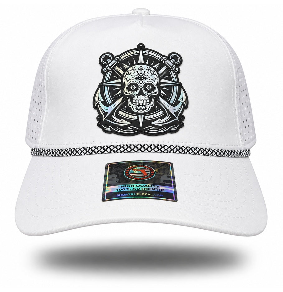 White Holographic Sugar Skull Anchor Performance Rope Hat, front view showing sugar skull compass and twin-anchor patch