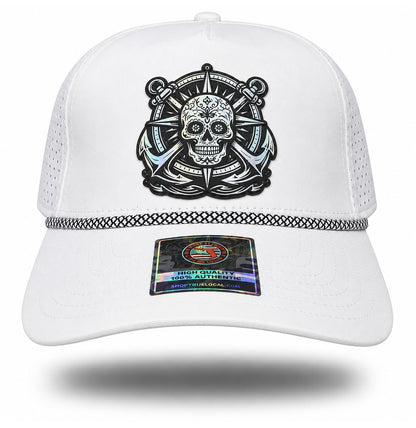 White Holographic Sugar Skull Anchor Performance Rope Hat, front view showing sugar skull compass and twin-anchor patch
