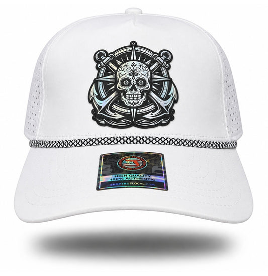 White Holographic Sugar Skull Anchor Performance Rope Hat, front view showing sugar skull compass and twin-anchor patch