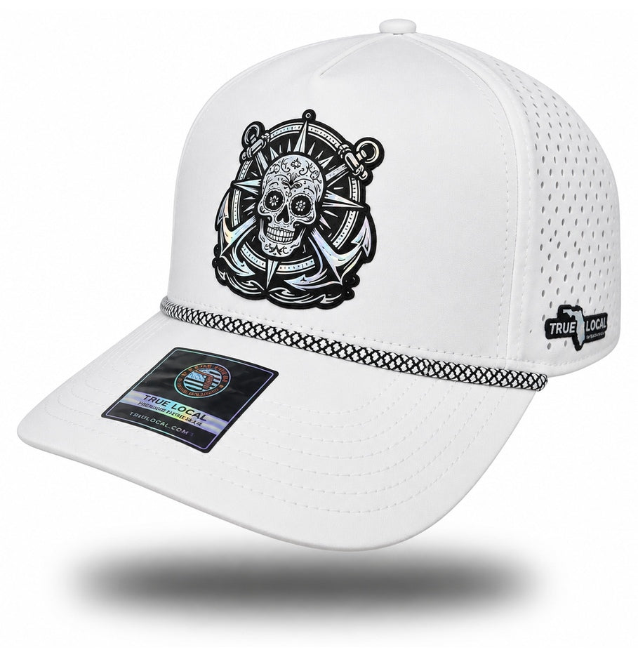 White Holographic Sugar Skull Anchor Performance Rope Hat, bill pointing left with side panels and True Local embroidery