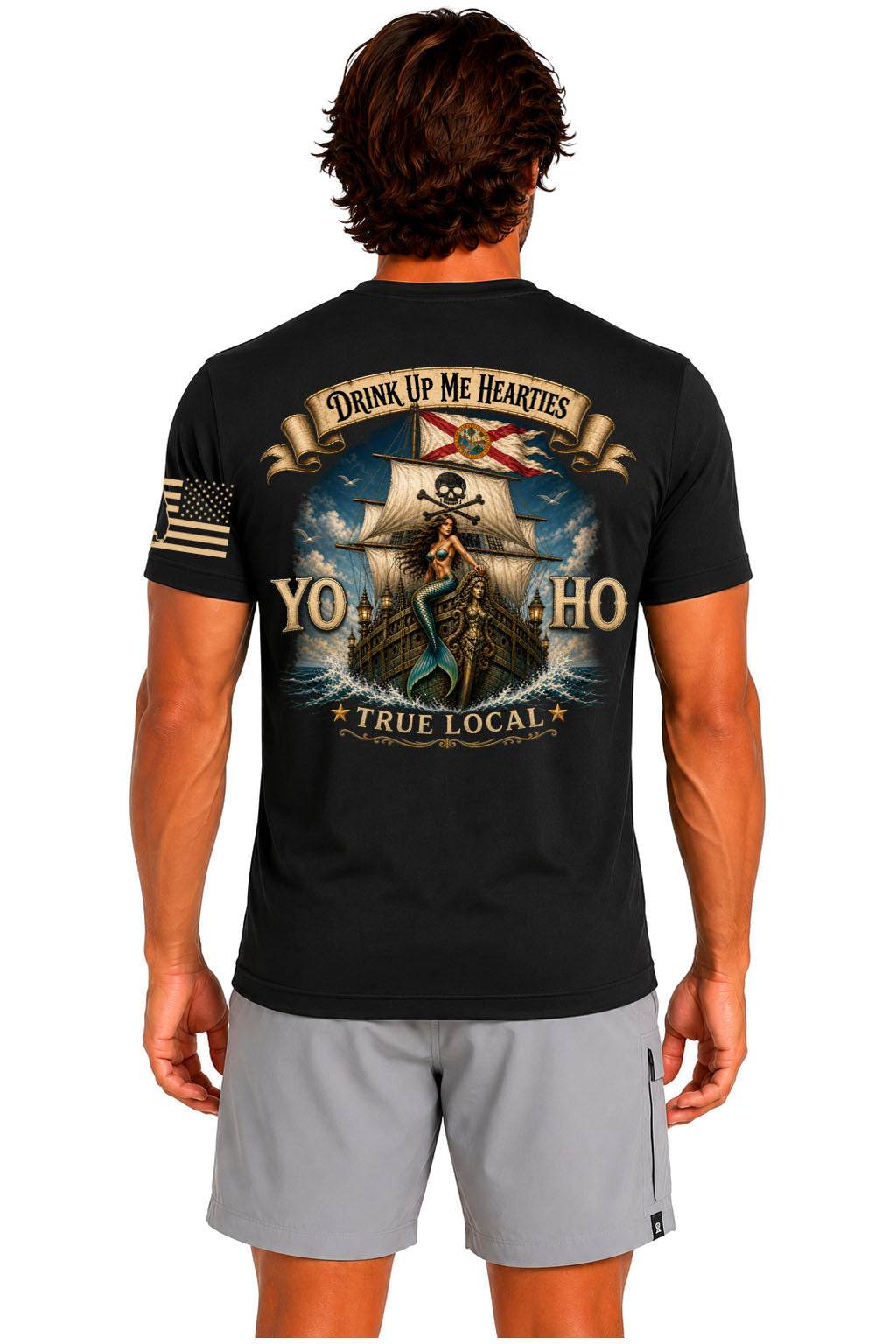 Yo Ho pirate mermaid Florida Straits galleon back print black t-shirt