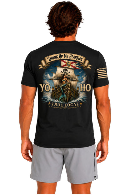 Yo Ho pirate mermaid Florida Straits galleon back print black t-shirt