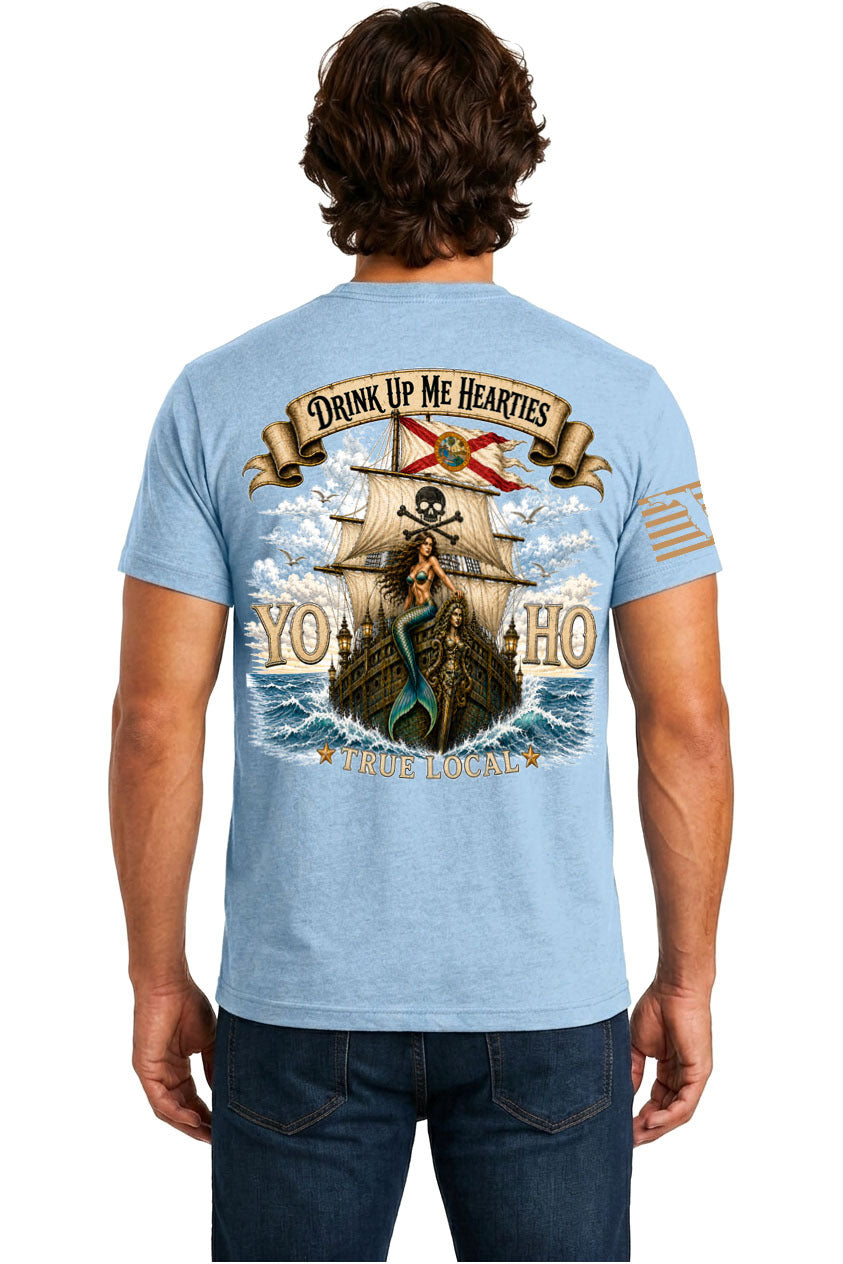 Yo Ho pirate mermaid Florida Straits galleon back print light blue t-shirt