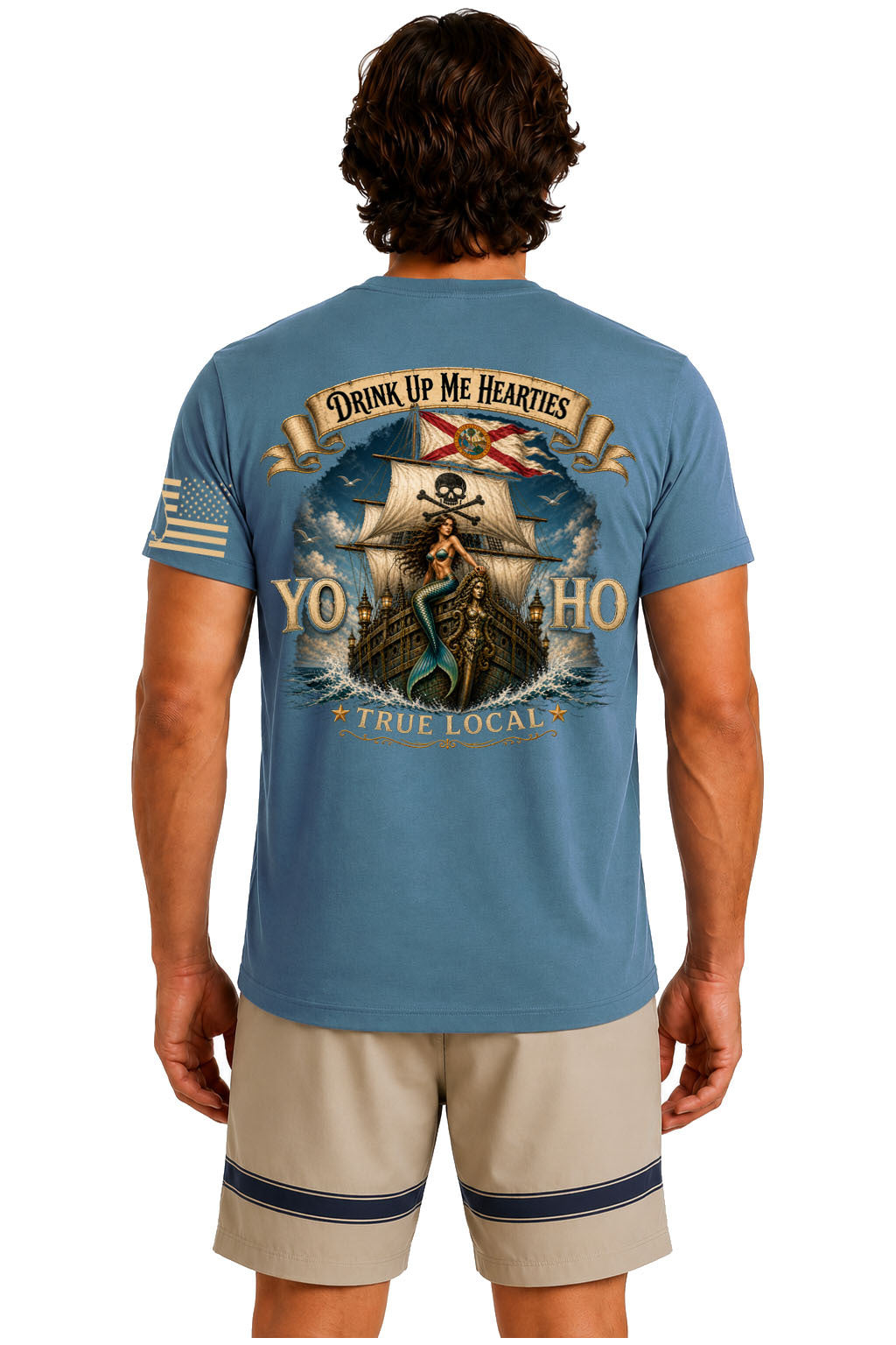 Yo Ho pirate mermaid Florida Straits galleon back print slate blue t-shirt