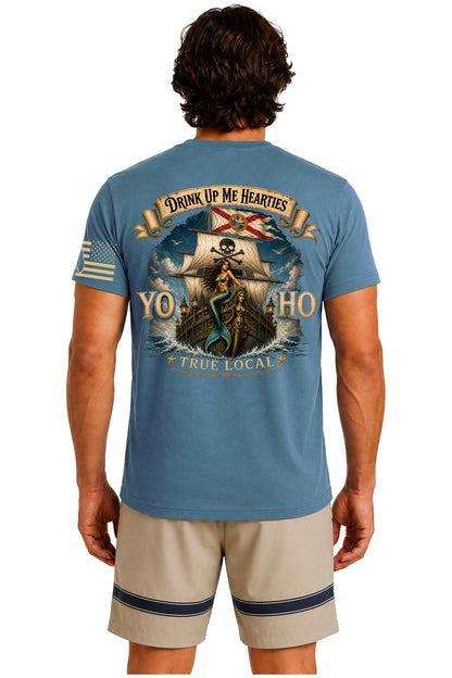 Yo Ho pirate mermaid Florida Straits galleon back print slate blue t-shirt