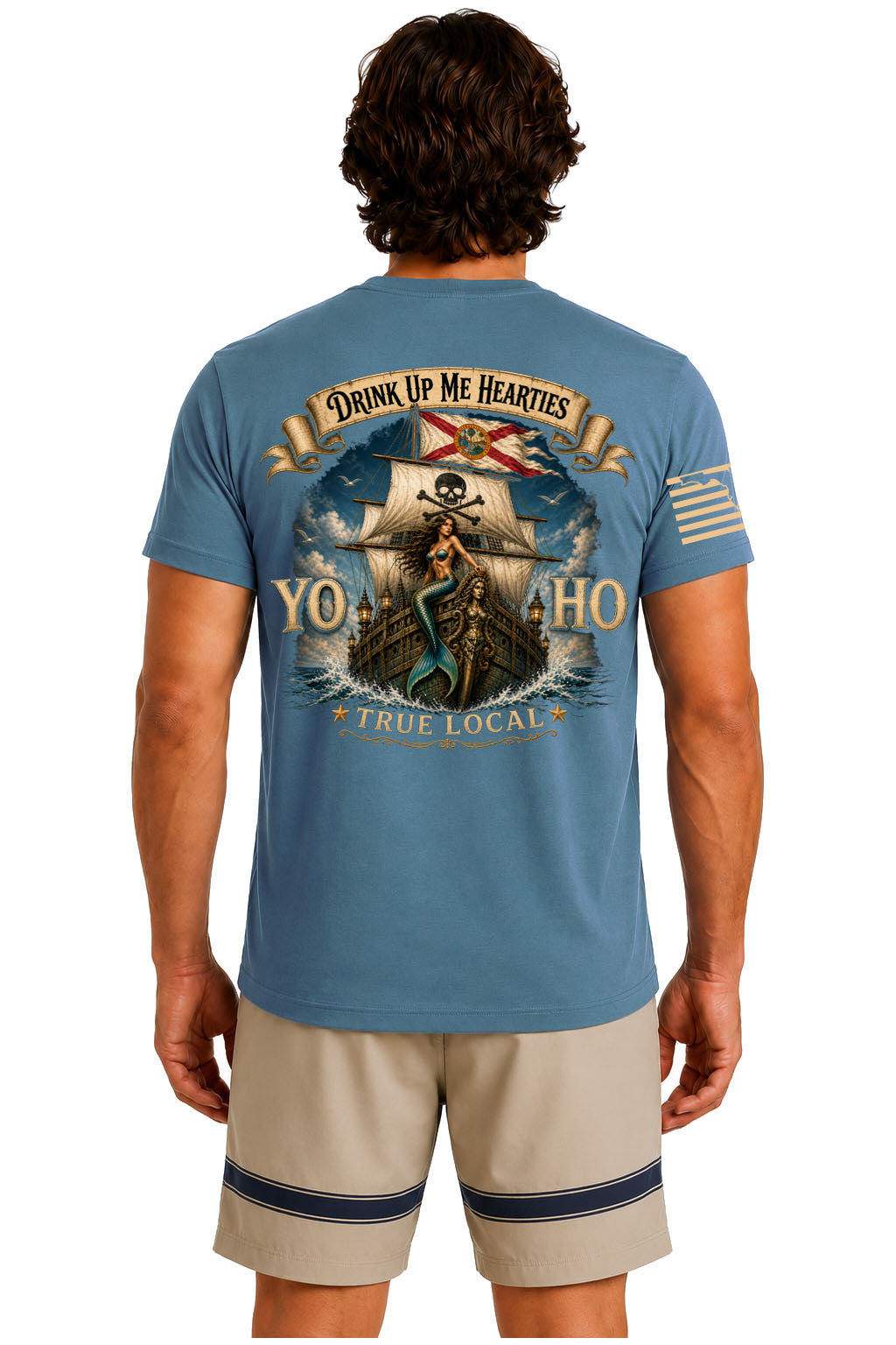 Yo Ho pirate mermaid Florida Straits galleon back print slate blue t-shirt