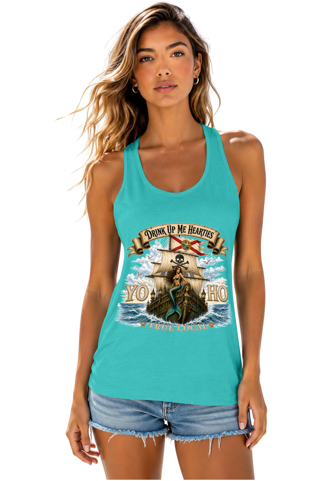 Yo Ho pirate mermaid Florida Straits galleon front print aqua women's racerback tank