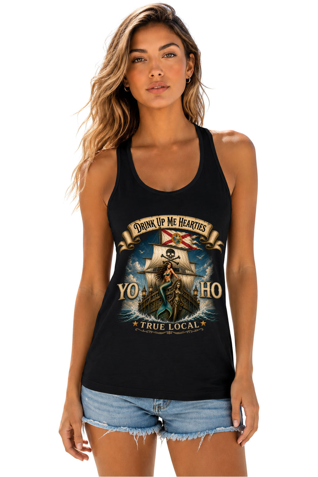 Yo Ho pirate mermaid Florida Straits galleon front print black women's racerback tank
