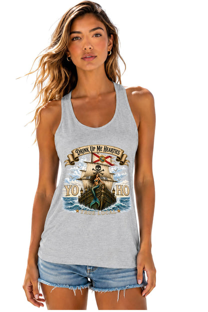 Yo Ho pirate mermaid Florida Straits galleon front print sport grey women's racerback tank